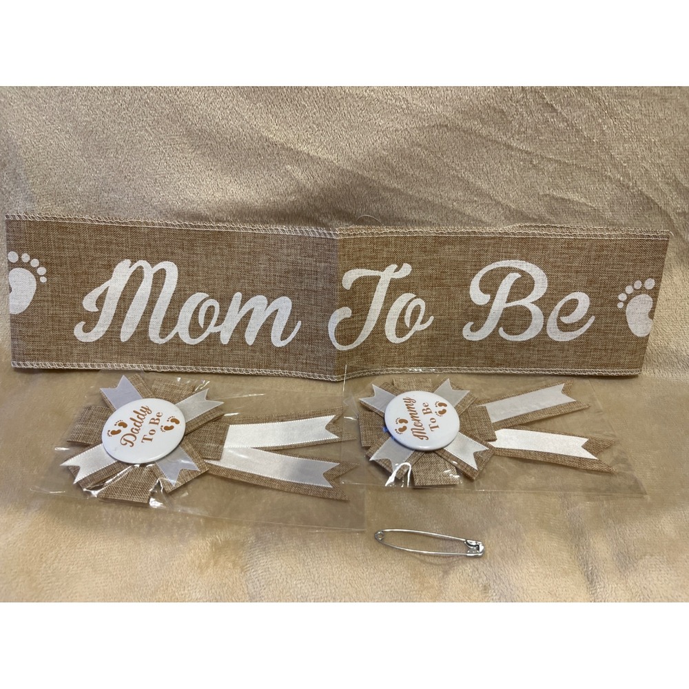Neutral Burlap "Mom to Be" Sash & "Daddy to Be" Pin Set – Baby Shower